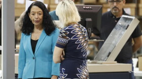 Palm Beach County Supervisor Of Elections Susan Bucher, left, speaks to employees before starting a recount at the Supervisor of Elections office, Thursday, Nov. 15, 2018, in West Palm Beach, Fla. 