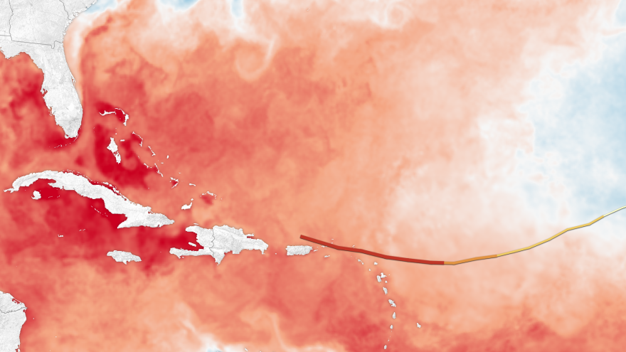 This composite image shows Hurricane Irma's path as it moved into the warm waters of the western Atlantic. Sea surface temperatures are high this year.