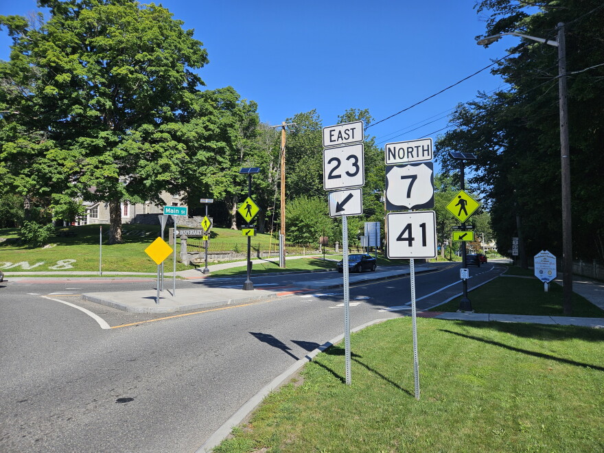 The automatic license plate reader on the Great Barrington, Massachusetts, police department has its view trained on this lane of northbound traffic heading into downtown.