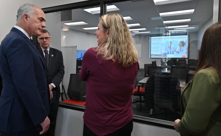 U.S. Senator Bob Casey hears from Dr. Jennifer Dessoye and Dr. Christopher W. O'Brien, Dean of Health Sciences, about the new learning labs inside King's College's Frank and Carolyn Kowalski Center for Advanced Healthcare Education in Wilkes-Barre.