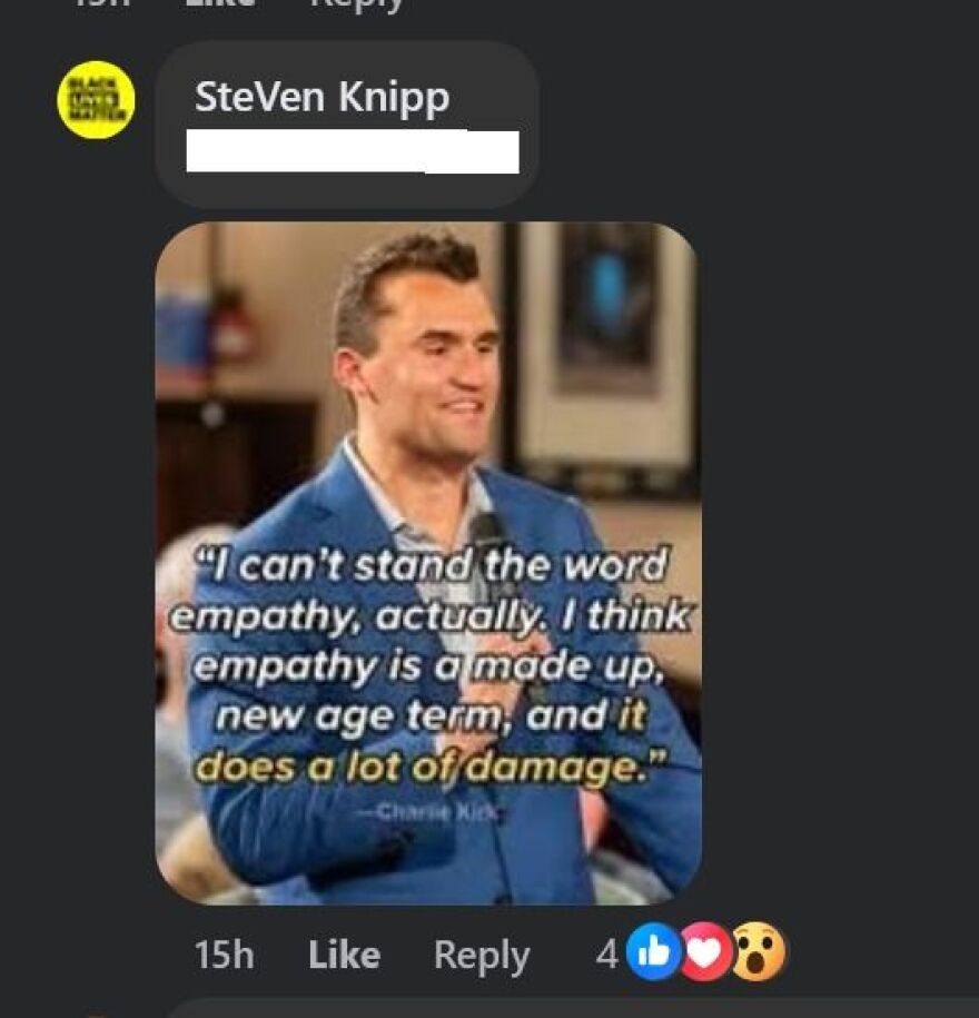 In what remains of the original comment thread, Knipp posted an image of Charlie Kirk with a quote. He tagged another person, and their name has been removed for privacy.