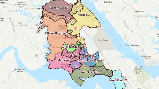 A map of WJCC Schools' proposed new school zone districts released in August.