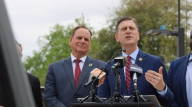 Chandler Mayor Kevin Hartke (left) stands beside Rep. Greg Stanton at the site of a well in Chandler on March 10, 2026. Both officials emphasized the importance of a diverse water supply amid regionwide drought.