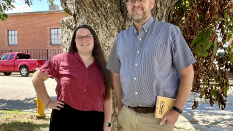 KWBU's Molly-Jo Tilton, left, and The Waco Bridge's J.B. Smith pose for a photo outside the KWBU studios.