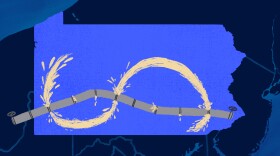 An illustration of the Mariner East II pipeline running across PA with drilling fluid leaks creating a dollar sign.