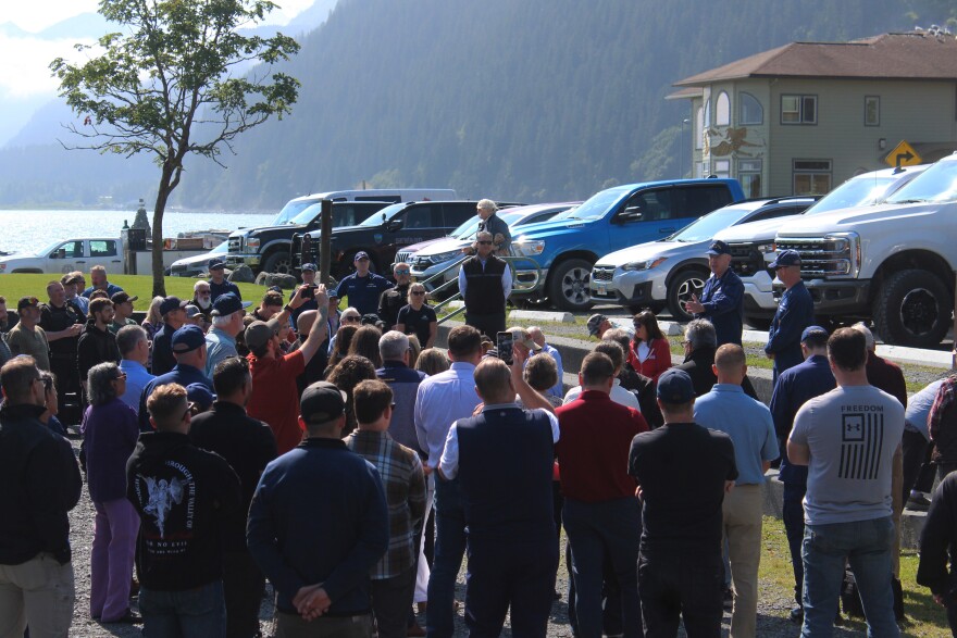 28th Commandant of the U.S. Coast Guard Admiral Kevin Lunday and Master Chief Petty Officer of the Coast Guard Phillip Waldron speak to a crowd on Monday, Aug. 10, 2026 in Seward, Alaska.