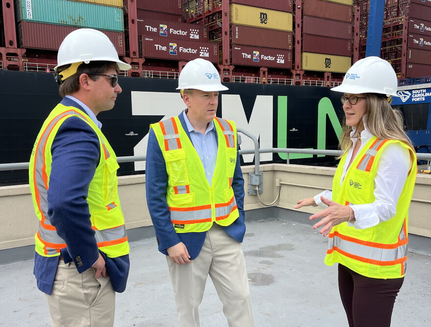 EPA Administrator Lee Zeldin (center) talks with S.C. Ports Authority Board Member Thomas Limehouse and ice President of Strategy and Analytics, Mary Beth Richardson at the Wando Welch Terminal in Mount Pleasant on Oct. 3, 2026.