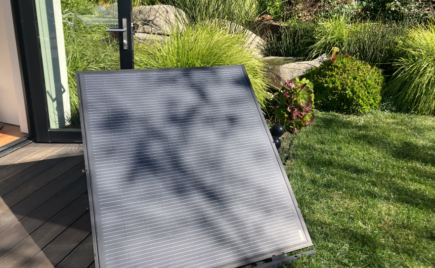 A plug-in solar panel in the yard of a Berkeley home.