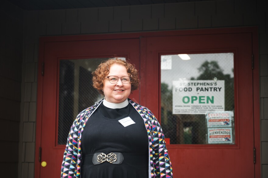 Pastor Teresa Danieley outside St. Stephen's Episcopal Church on Saturday. Her background in nonprofit work is a huge motivator for the continuing the church's involvement in community support programs like the food pantry.