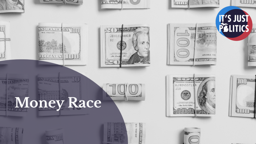 A gray image of money bills with the words Money race in the bottom right