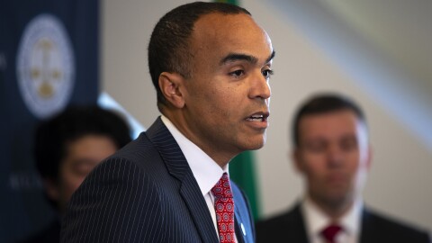 Washington Attorney General Nick Brown addresses members of the press after filing a lawsuit against President Donald Trump’s executive order on birthright citizenship, on Tuesday, January 21, 2025, at the Attorney General’s Office in Seattle. 