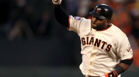 San Francisco Giants third baseman Pablo Sandoval rounding the bases after one of his three home runs last night.
