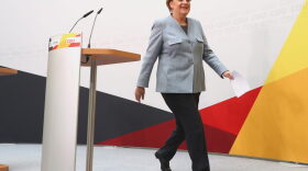 German Chancellor and Christian Democrat (CDU) Angela Merkel arrives at CDU headquaters to speak to the media the day after the CDU won 32.9 percent of the vote and a first-place finish in Sunday's German federal elections on Sept. 25, 2017, in Berlin. (Alexander Hassenstein/Getty Images)