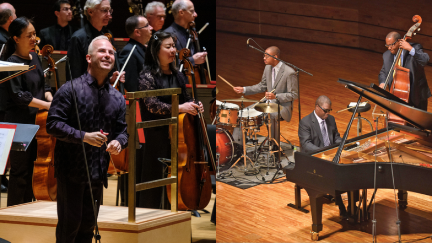 Two photos: left conductor Nezet-Seguin, right Marcus Roberts Trio