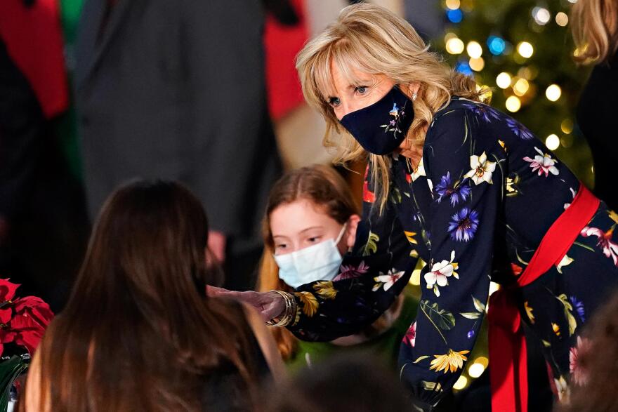 First lady Jill Biden meets with families of sailors serving aboard the USS Delaware, Thursday, Dec. 9, 2021, in Groton, Conn.