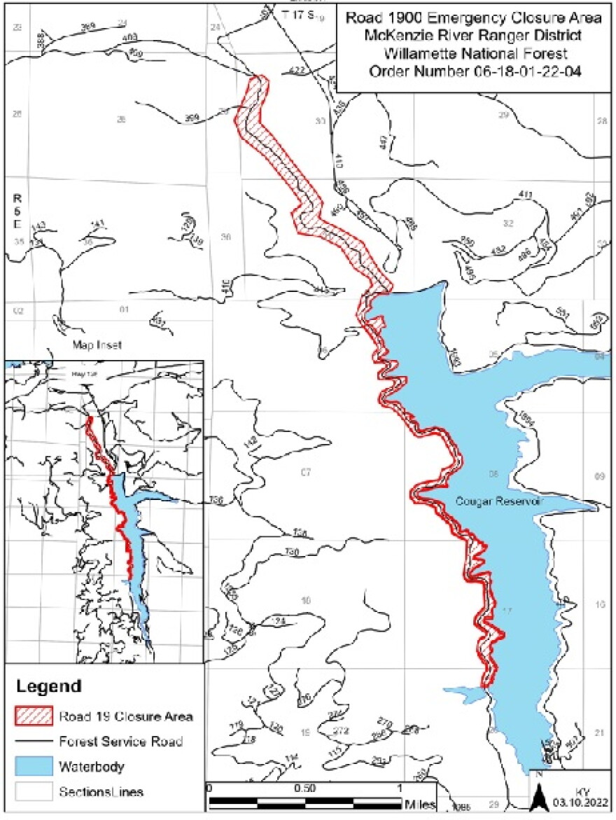 Map of closure area of Forest Road 19.