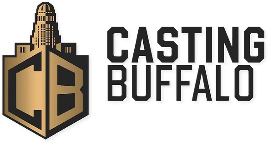 Bronze and gold image of the letters C and B with a depiction of a city hall building. Next to it reads "Casting Buffalo"