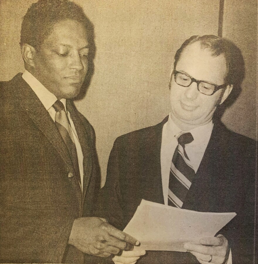 Dr. Charles Morris, left, in 1970 during his service on ISU's Task Force on Intergroup Relations.