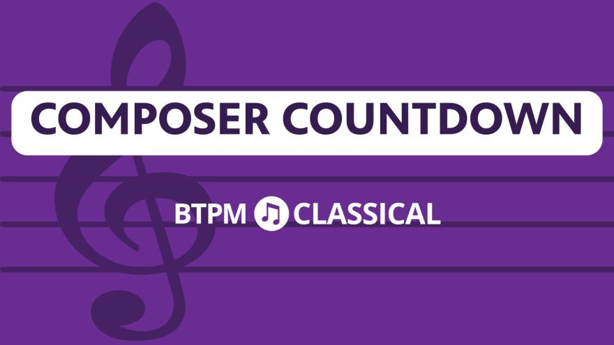 Purple background. Dark purple music staff overlaying it. In dark purple text with a white background reads COMPOSER COUNTDOWN, and below that is a white BTPM Classical logo