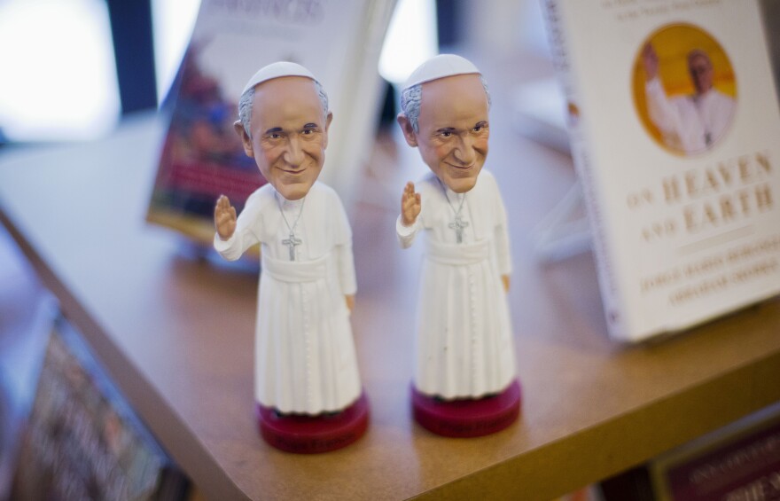 Bobble head figures of Pope Francis are displayed at the Catholic Information Center in Washington on Monday.