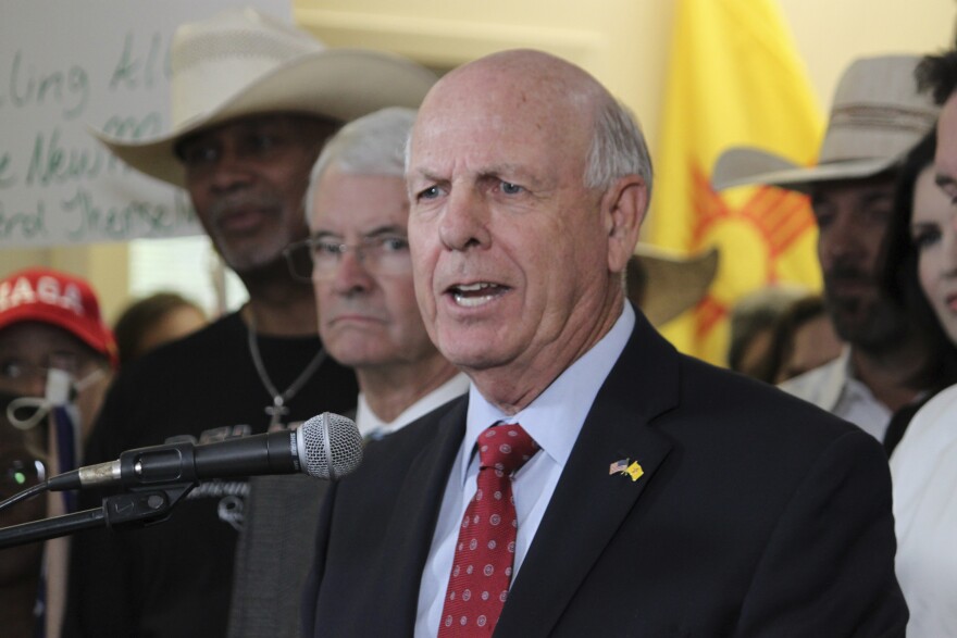 Republican Party of New Mexico Chairman Steve Pearce speaks about the party's planned legal action against Gov. Michelle Lujan Grisham during a news conference at party headquarters in Albuquerque, New Mexico, on Tuesday, Sept. 12, 2023. Multiple lawsuits have been filed against the governor over her order suspending the right to carry firearms in the state's largest metro area. (AP Photo/Susan Montoya Bryan)