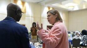 U.S. Senate candidate, Rep. Elissa Slotkin, D-Mich., talks with faith and community leaders at the Greater Grace Temple, Friday, Aug. 2, 2024, in Detroit. (AP Photo/Carlos Osorio)