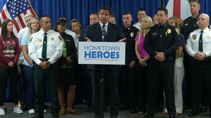 Gov. Ron DeSantis announces new $100 million Florida Hometown Heroes Program at a press conference in Cape Coral, Monday.