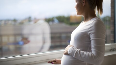 Pregnant woman looking out a window.