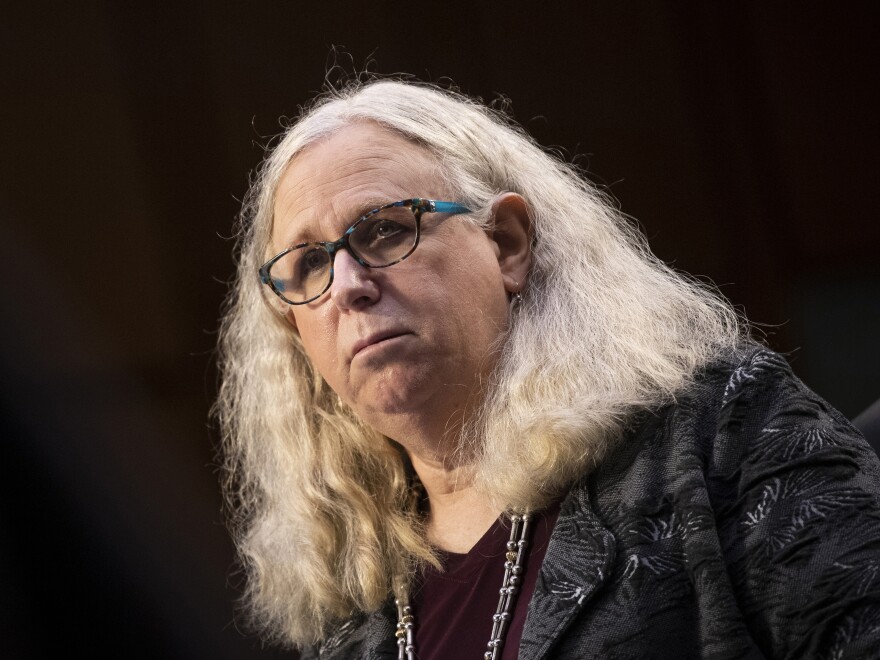 Rachel Levine, nominated to be an assistant secretary at the Department of Health and Human Services, testifies before the Senate Health, Education, Labor, and Pensions committee on Capitol Hill in Washington on Thursday, Feb. 25, 2021. (Caroline Brehman/Pool via AP)