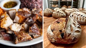 Side-by-side photos of a plate of crispy pork with a small carafe of dipping sauce and freshly baked sourdough bread on a wooden tabletop.