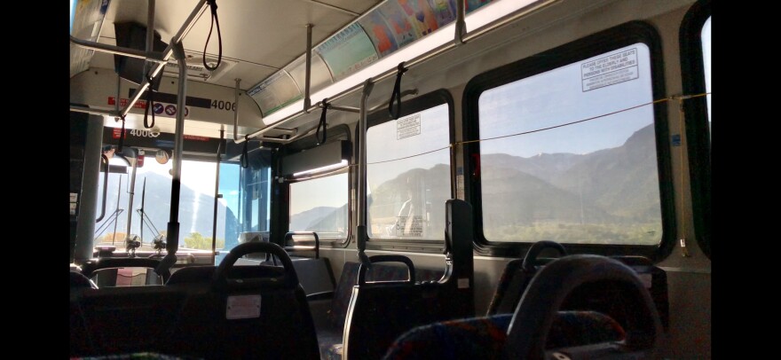 A Cache Valley Transit District (CVTD) Bus en route from the Transit Center to the Utah State University campus.