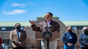 Gov. Andrew Cuomo and other state and NYS Fair officials on Monday, 4/26/21.