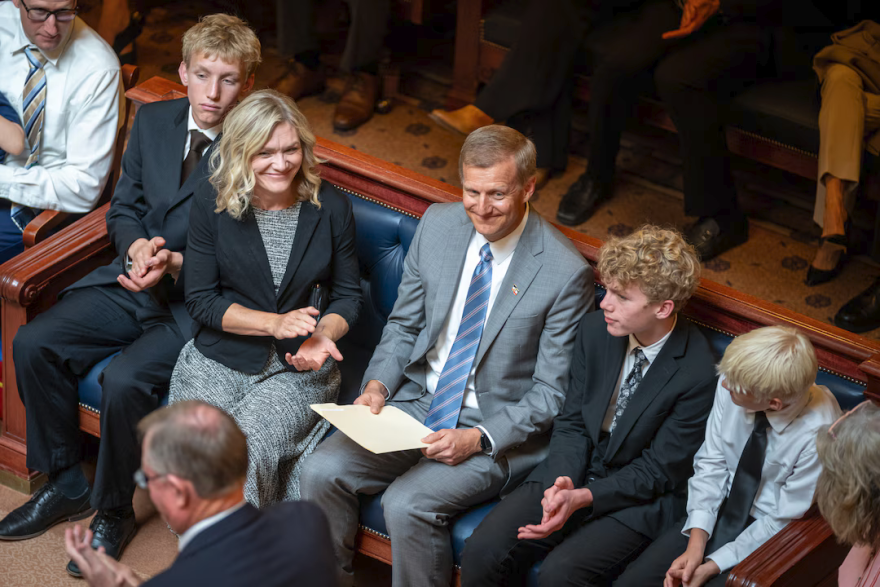Michael Menssen with his family in the Senate Chamber as he's confirmed to the Utah Supreme Court, at the Utah Capitol in Salt Lake City on Wednesday, Sept. 16, 2026.
