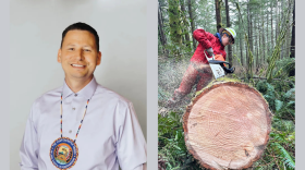 Left: Jarred-Michael Erickson is chairman of the Confederated Tribes of the Colville Reservation, and he's pushing the Washington legislature to pass a bill adding tribal representation to the state Board of Natural Resources. Right: A Department of Natural Resources employee works to restore trail access after severe weather knocked down trees