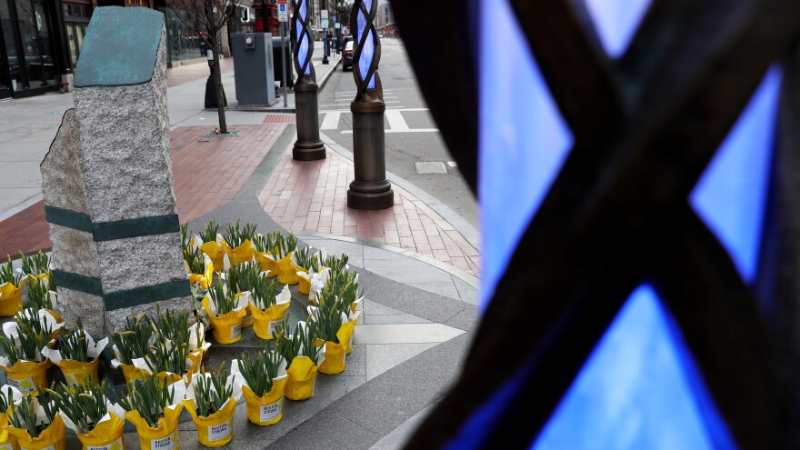 Flowers are placed at the memorial to the victims of the 2013 Boston Marathon bombings on April 20.
