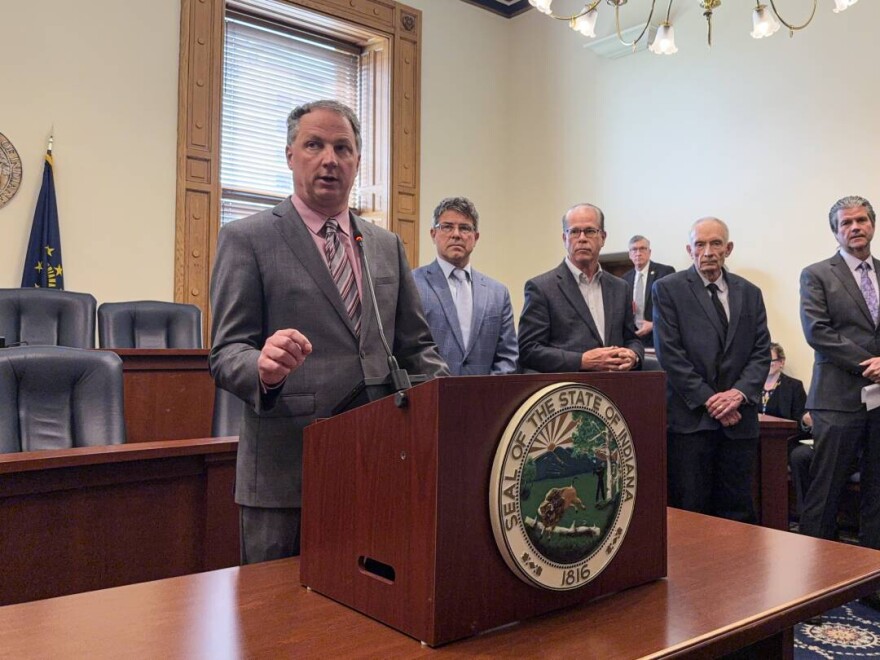 From left to right, House Speaker Todd Huston (R-Fishers), Senate President Pro Tem Rodric Bray (R-Martinsville), Gov. Mike Braun, Rep. Jeff Thompson (R-Lizton) and Sen. Ryan Mishler (R-Mishawaka) unveiled details of the final version of the new state budget on April 23, 2025.