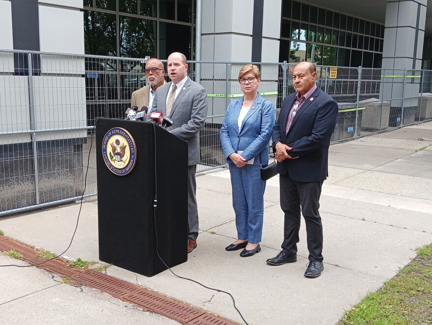 Congressman Tim Kennedy (D, NY-26) leads a news conference in Buffalo Sept. 4, 2026. Joining him, left to right, are House Committee on Homeland Security Ranking Member Bennie Thompson (D, MS-02), Rep. Nellie Pou (D, NJ-09) and Border Security Subcommittee Ranking Member Lou Correa (D, CA-46).