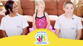 A Create Your Own Dance Studio logo with two twentysomething-year-old female dancers with a young girl in a dance outfit. 