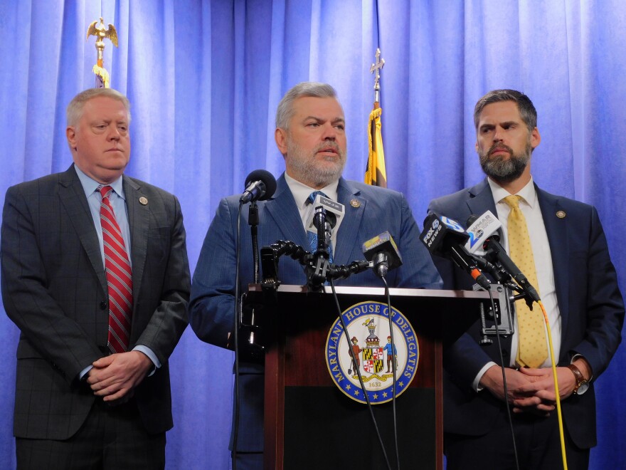 Del. Mike Griffith (center) speaks on his proposed legislation 'Kanaiyah's Law' beside House Republican Leader Jason Buckel (left) and House Republican Whip Jesse Pippy (right) on Thursday in the House Office Building in Annapolis, Md.