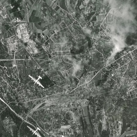 Striking Linz: B-24s of the 451st Bomb Group transit Linz. The group lost two B-24s to enemy fire over the target, and seven of its airmen were killed in action.