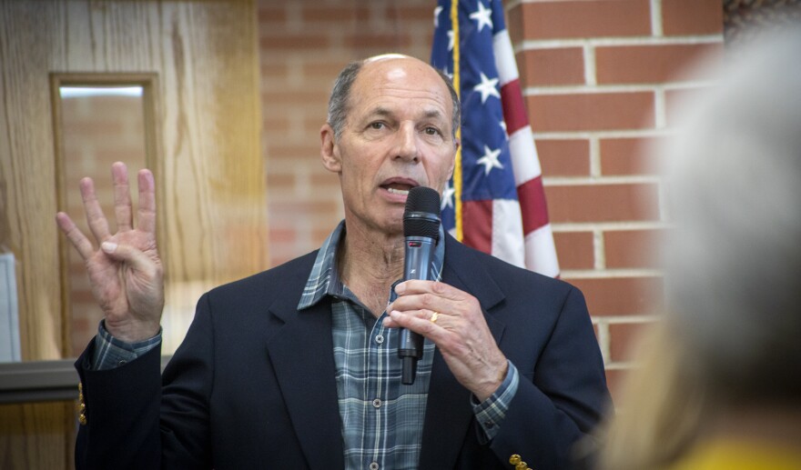 Retired U.S. Navy Adm. Mike Franken takes questions from voters about foreign policy during an event hosted by the S.T.A.R PAC in Des Moines on May 31. Franken also ran unsuccessfully for a different U.S. Senate seat in Iowa in 2020.