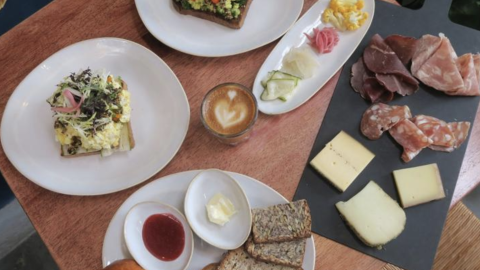 Smorbord sandwiches and continental breakfast with coffee at Applied Arts Cafe in New Orleans.