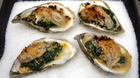 Oysters with creamed spinach and Parmesan-panko crust, by chef Kathy Gunst. (Robin Lubbock/WBUR)