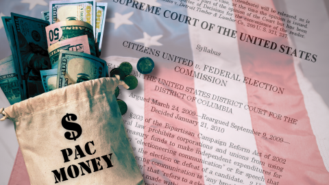 A brown sack of money sits on top of an American flag and a transparent copy of the Supreme Court decision on Citizens United vs. FEC. 