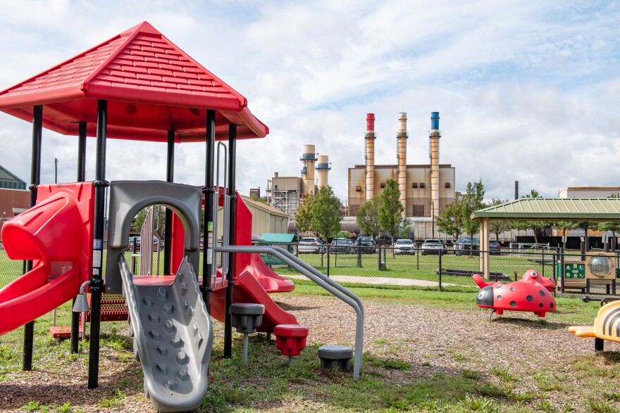 The playground at Salinas Elementary School in Dearborn, MI., with a power plant in the background.