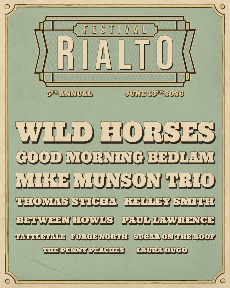 A poster with a lineup of twelve artists and their names stacked on top of each other.