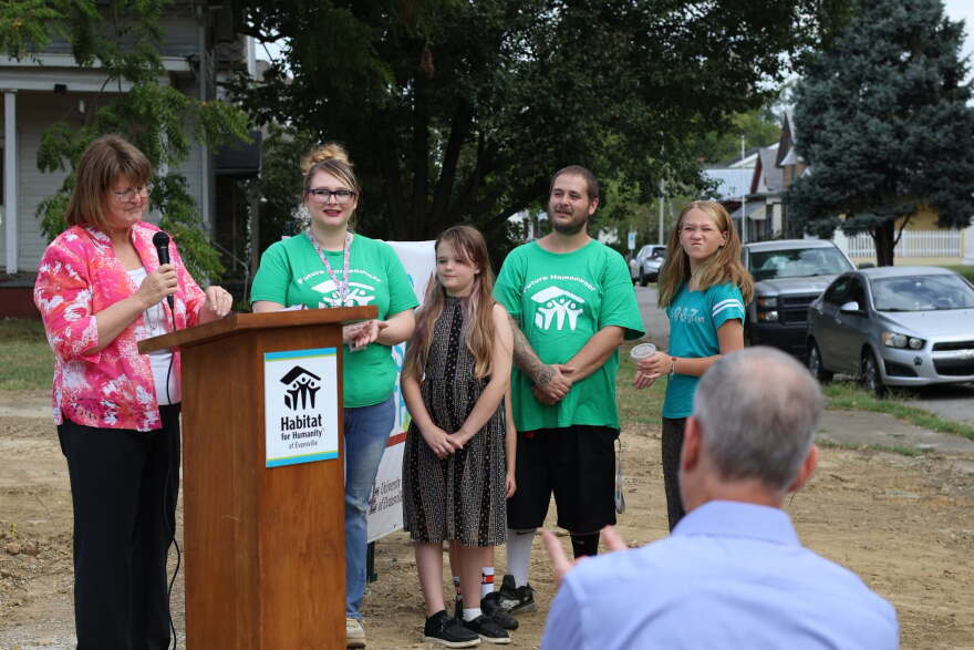 Habitat of Evansville's Beth Folz (left) speaks at a groundbreaking, Sept. 9, 2026