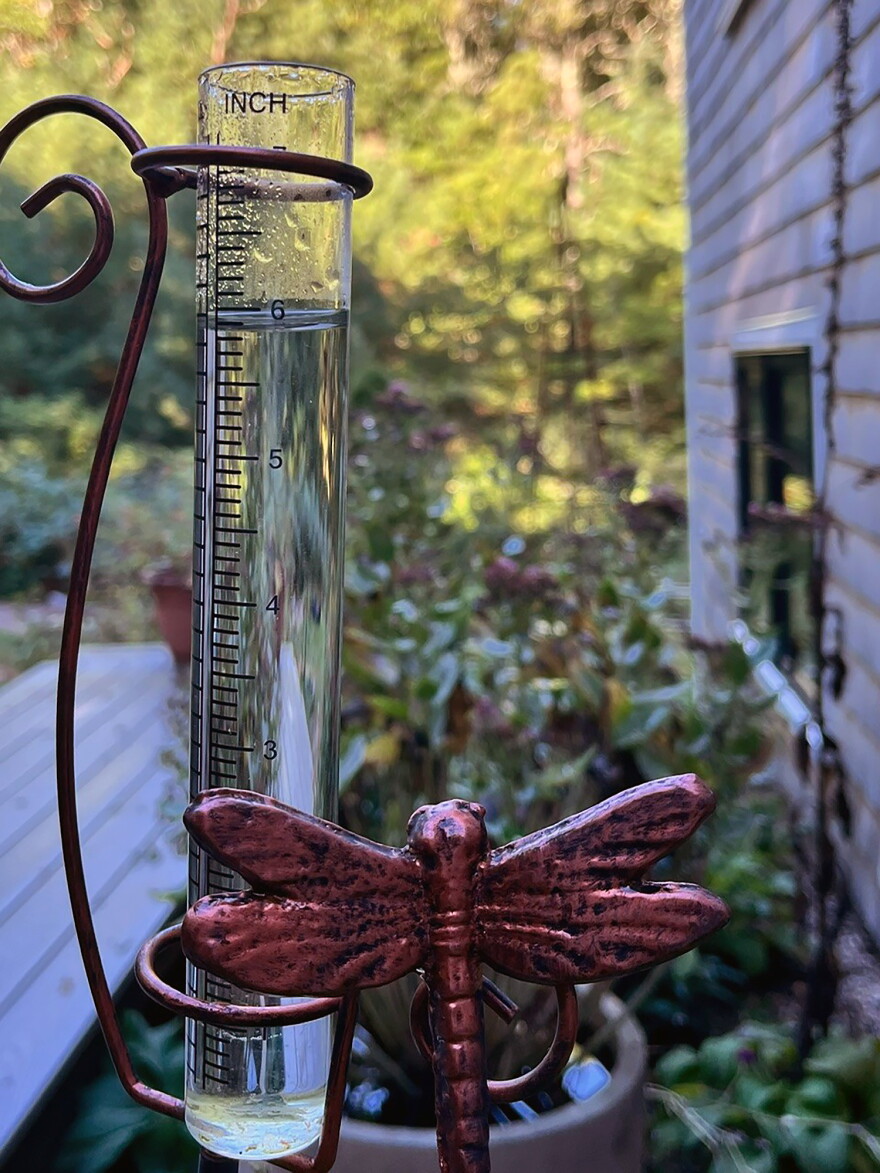 A rain gauge showing six inches of rain