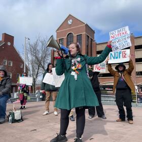 "No Kings" protest in Danbury, Connecticut on Saturday, March 28, 2026.