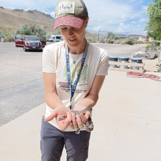 An Idaho teacher holds a snake.